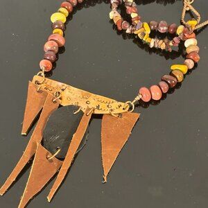 Mookite Gemstone Beaded Boho Solid Copper Necklace Pendant Fringe Leather